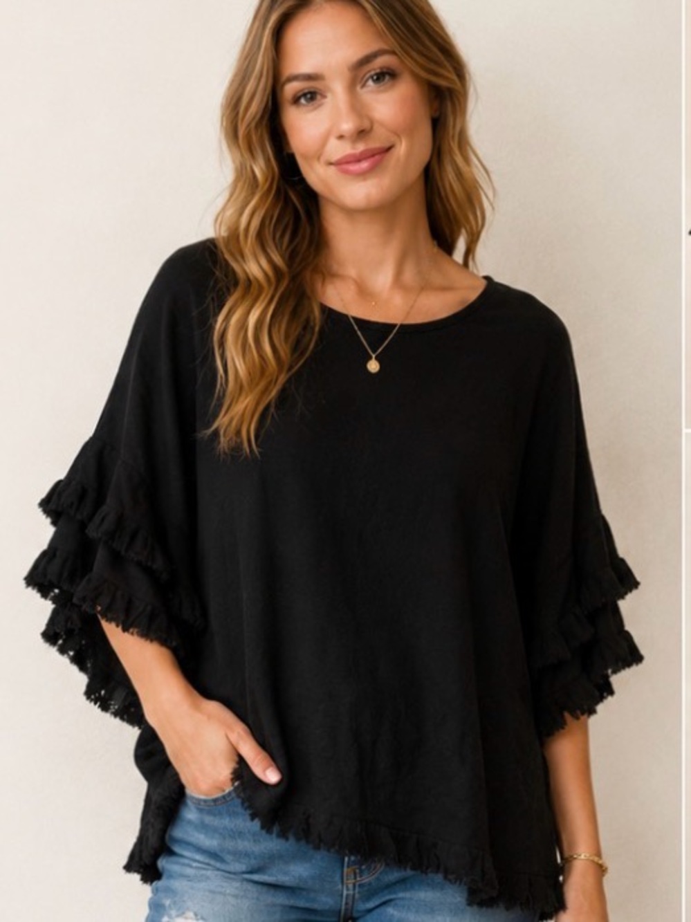 Umgee Black Frayed Ruffle Sleeve Boho Top NWT Small